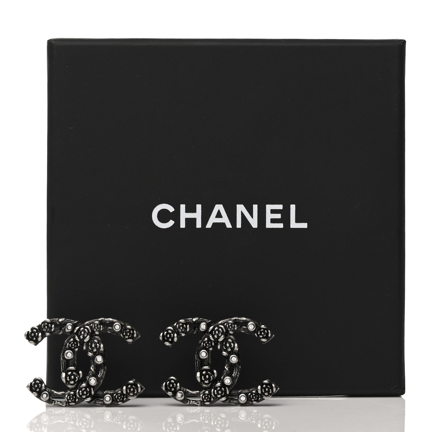 Chanel Crystal CC Camellia Earrings Ruthenium 5 of 5