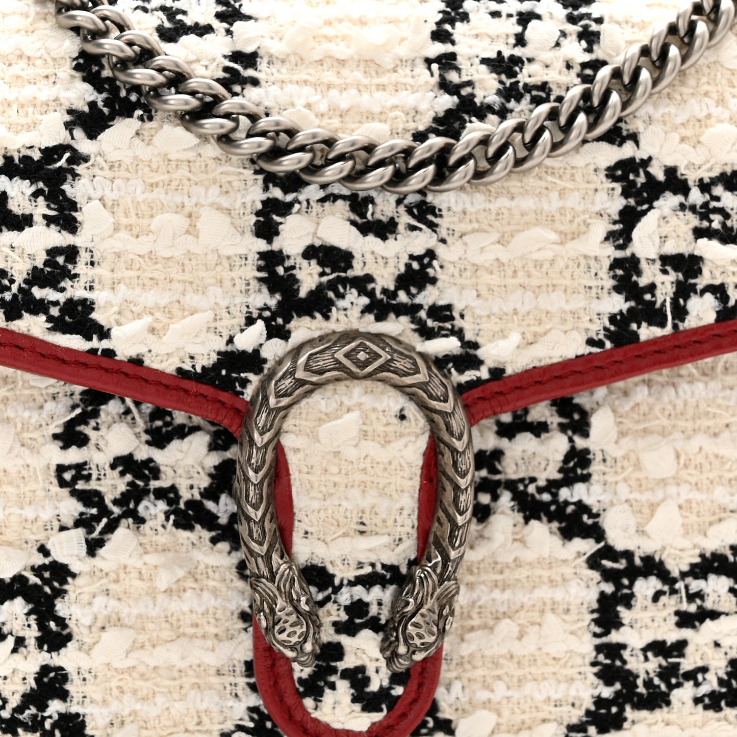 Tweed GG Monogram Mini Dionysus Chain Wallet White Black Romantic Cherry