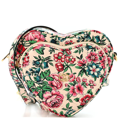 Gucci Calfskin Matelasse Diagonal Brit Roses Print Mini Interlocking G Heart Shoulder Bag  White Multicolor 1 of 11