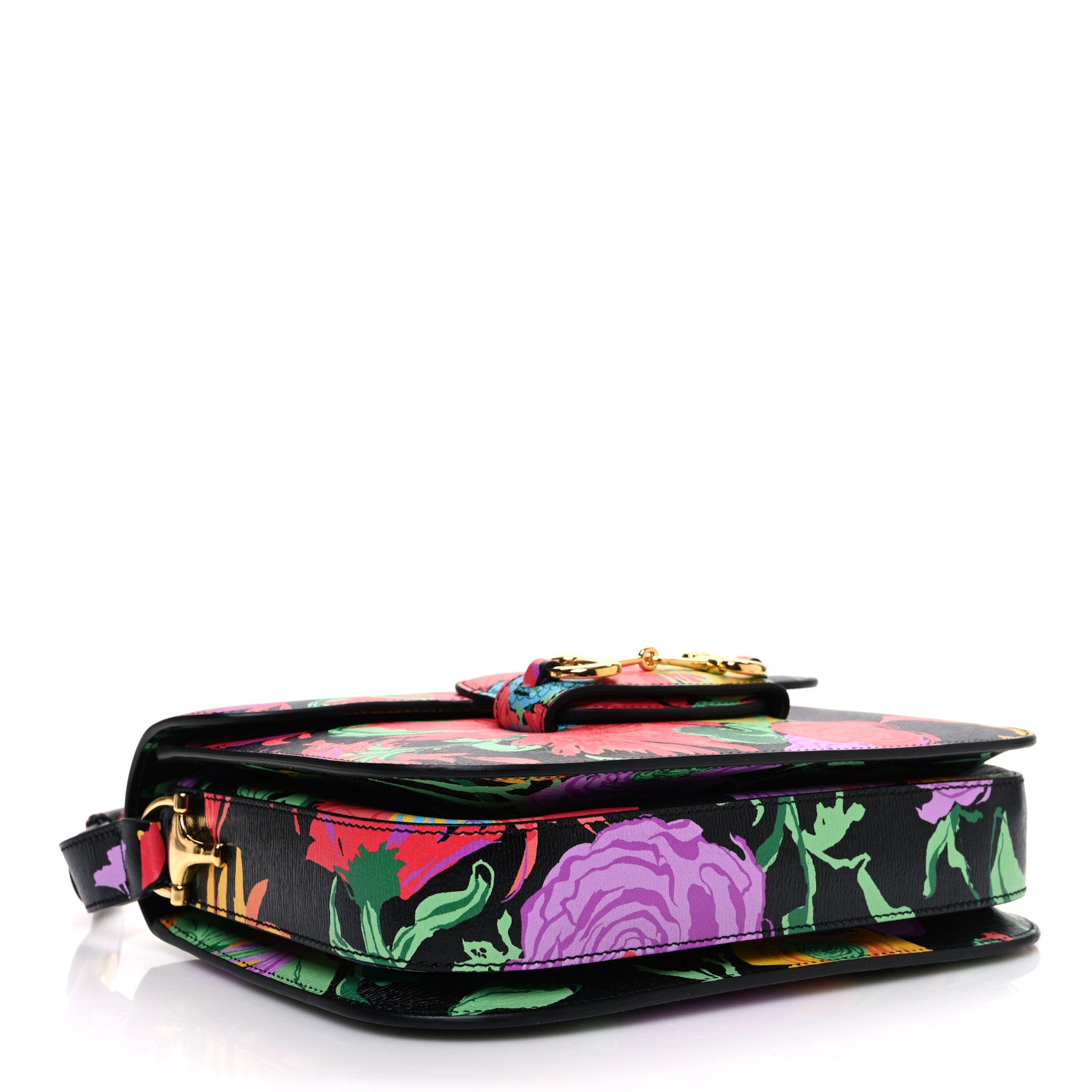 Gucci X KEN SCOTT New Shangai Calfskin Jenny Floral Print Horsebit 1955 Shoulder Bag Black Pink 4 of 10