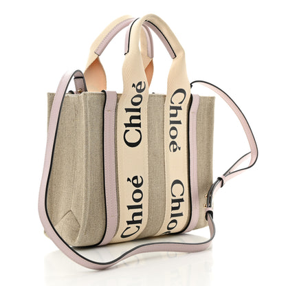 Chloe Linen Calfskin Small Woody Ribbon Tote With Strap White Pink 3 of 11