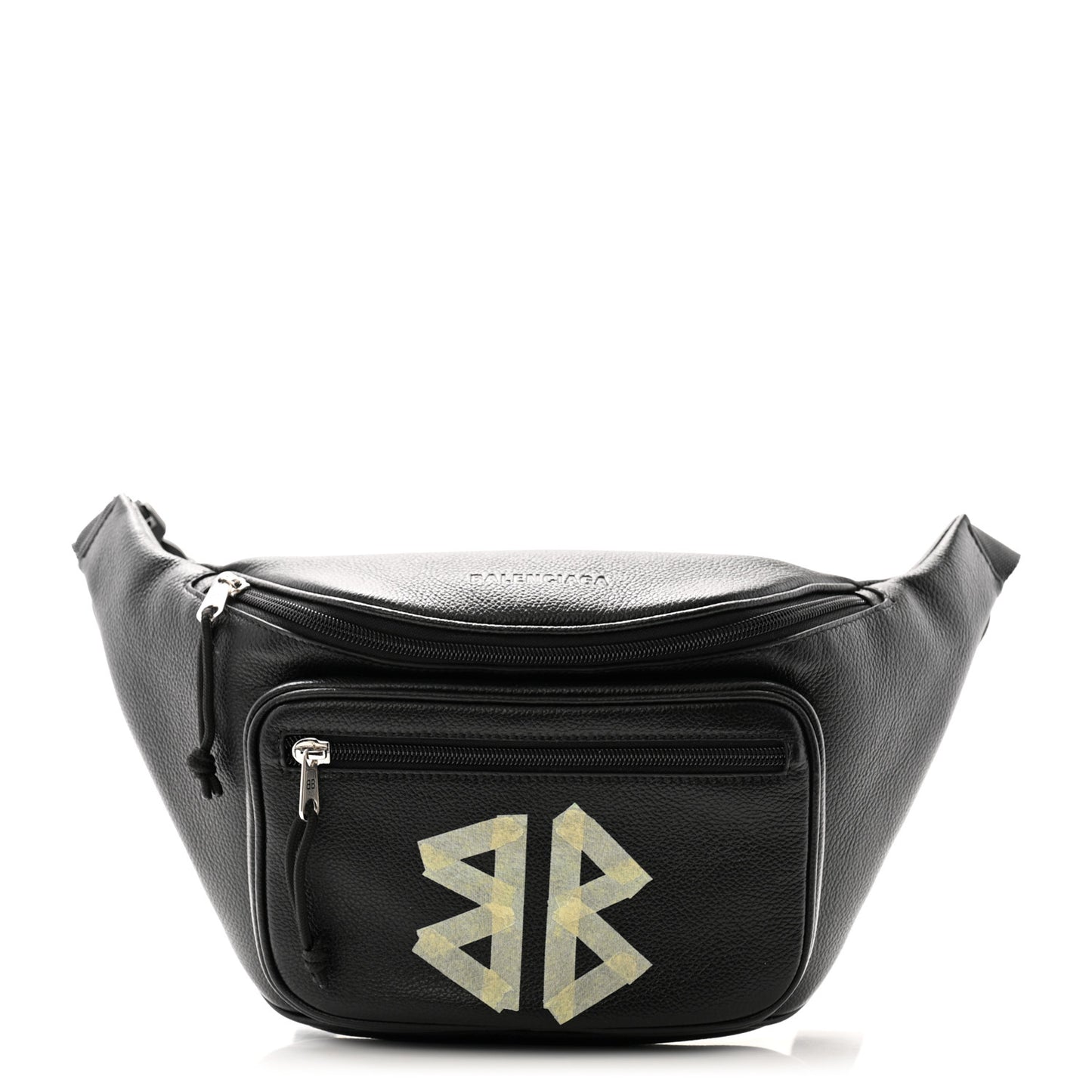 Grained Calfskin Tape Logo Explorer Belt Bag Black White