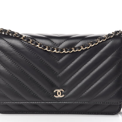 Chanel Lambskin Chevron Quilted Wallet On Chain WOC Black 11 of 12