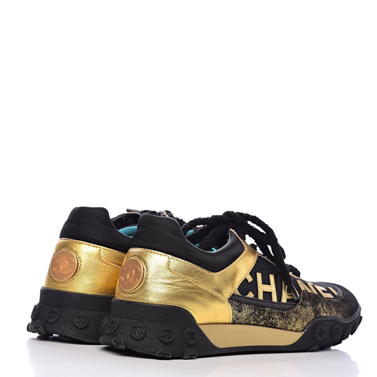 Metallic Lambskin Satin Finish Womens CC Sneakers 40 Black Gold