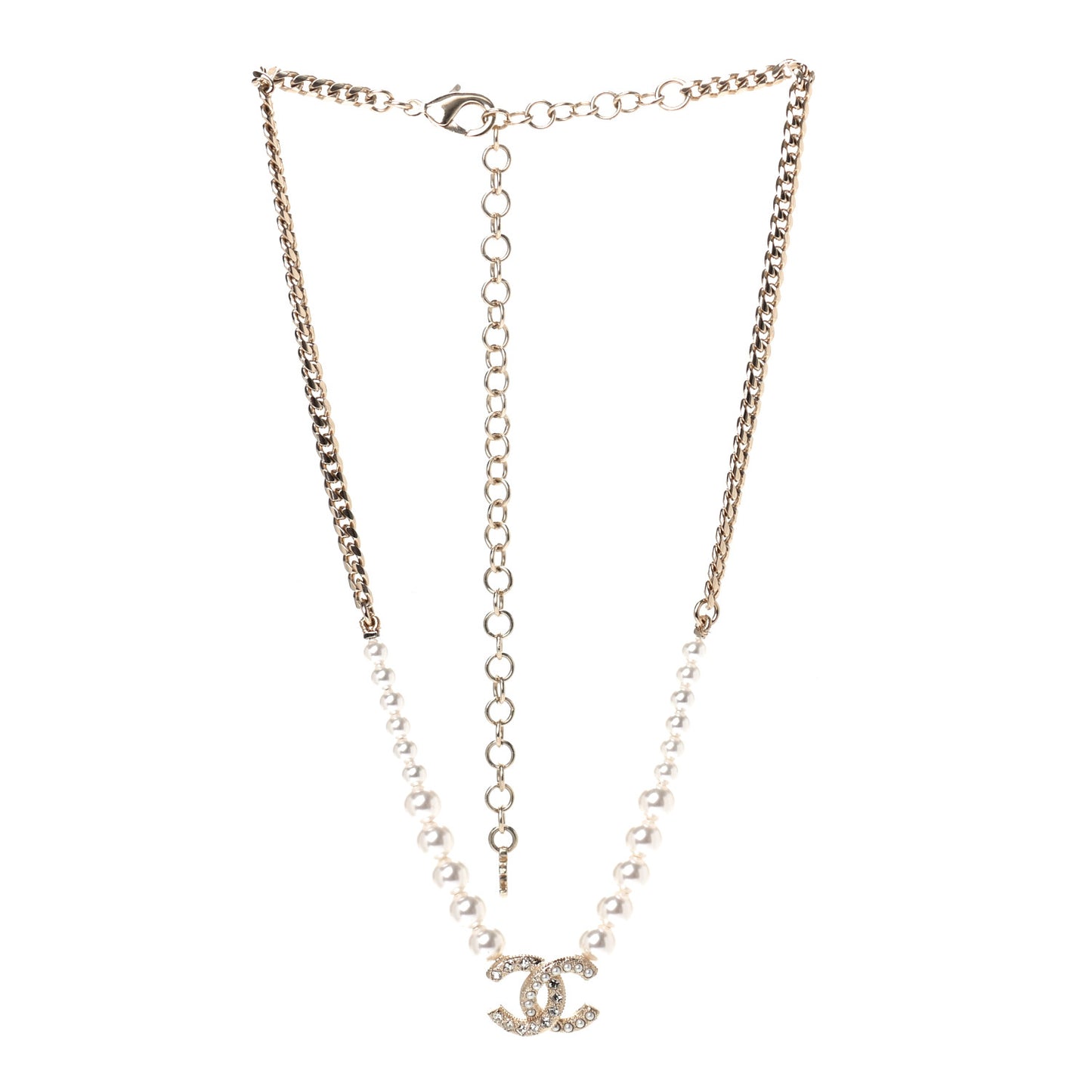 Pearl Crystal Chain CC Necklace Gold