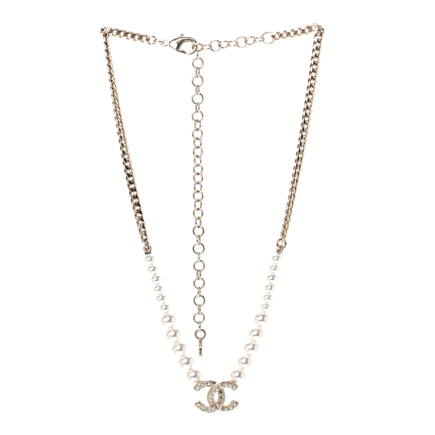 Chanel Pearl Crystal Chain CC Necklace Gold 2 of 4
