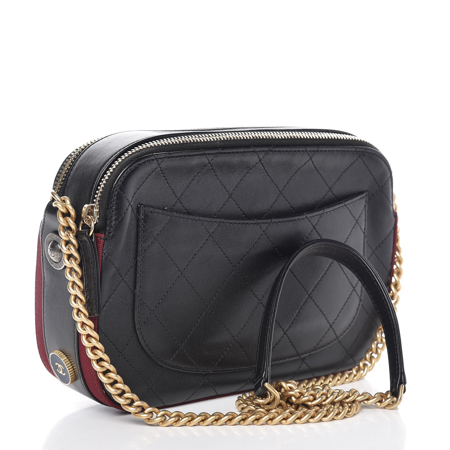Calfskin Grosgrain Stitched Button Up Camera Case Black