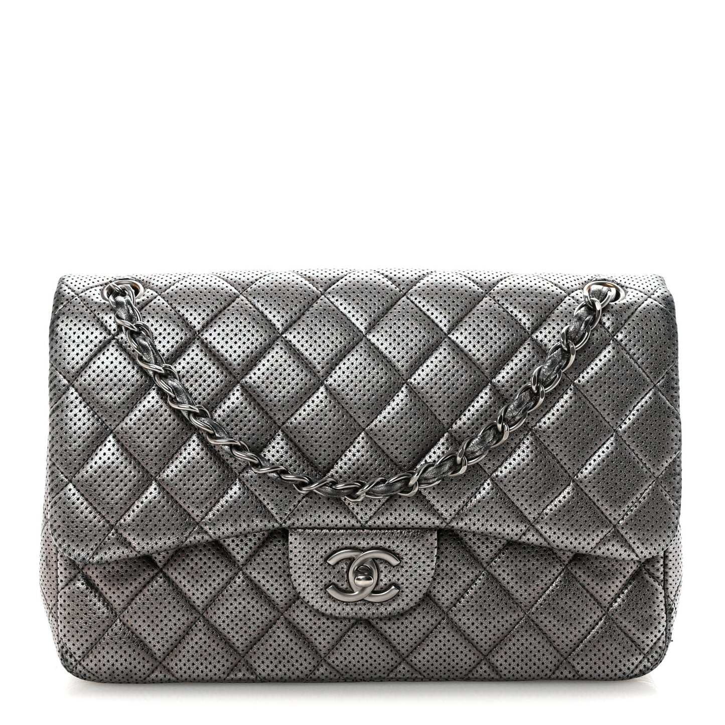 Metallic Perforated Lambskin Quilted Jumbo Double Flap  Dark Silver