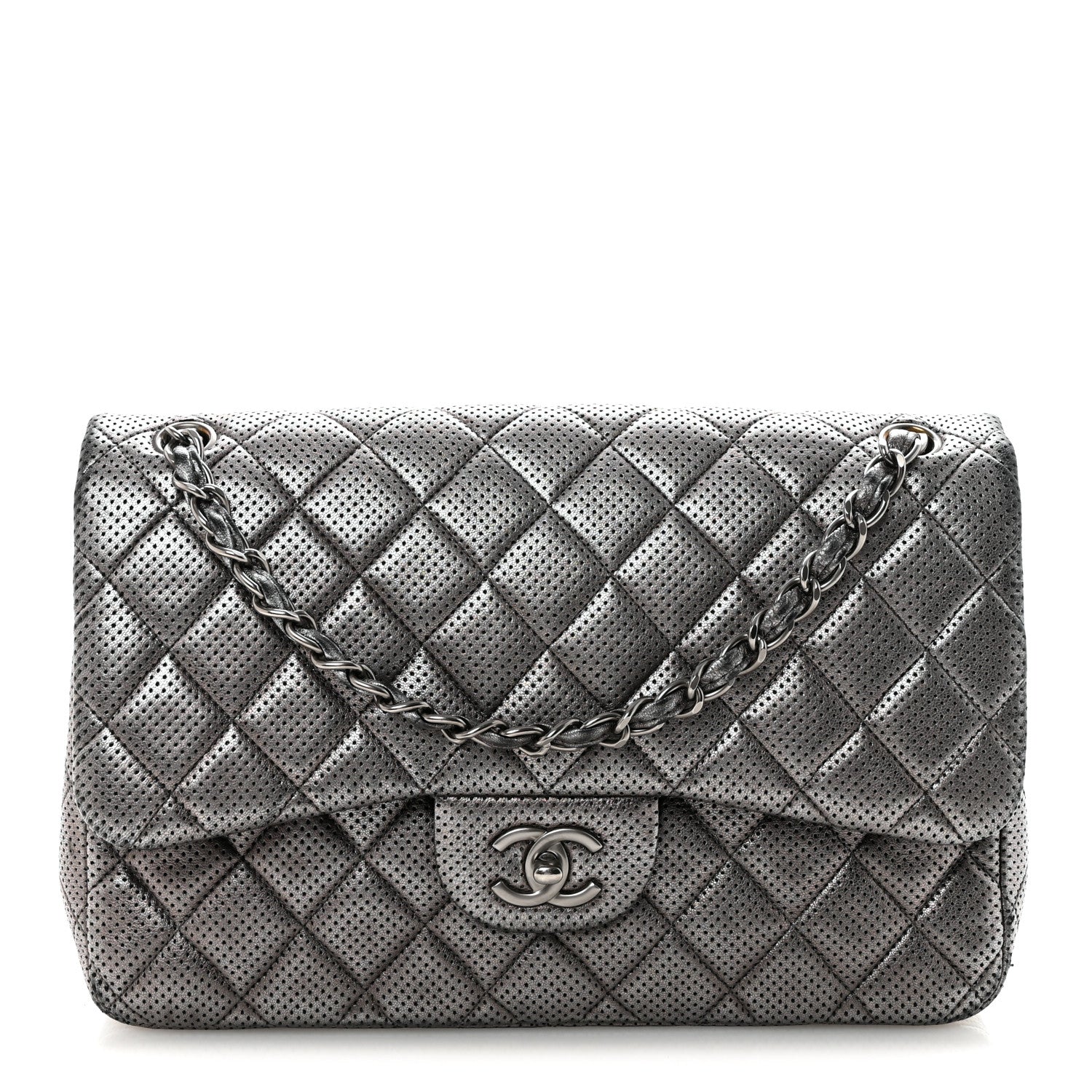 Chanel Metallic Perforated Lambskin Quilted Jumbo Double Flap  Dark Silver 1 of 10