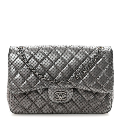 Chanel Metallic Perforated Lambskin Quilted Jumbo Double Flap  Dark Silver 1 of 10