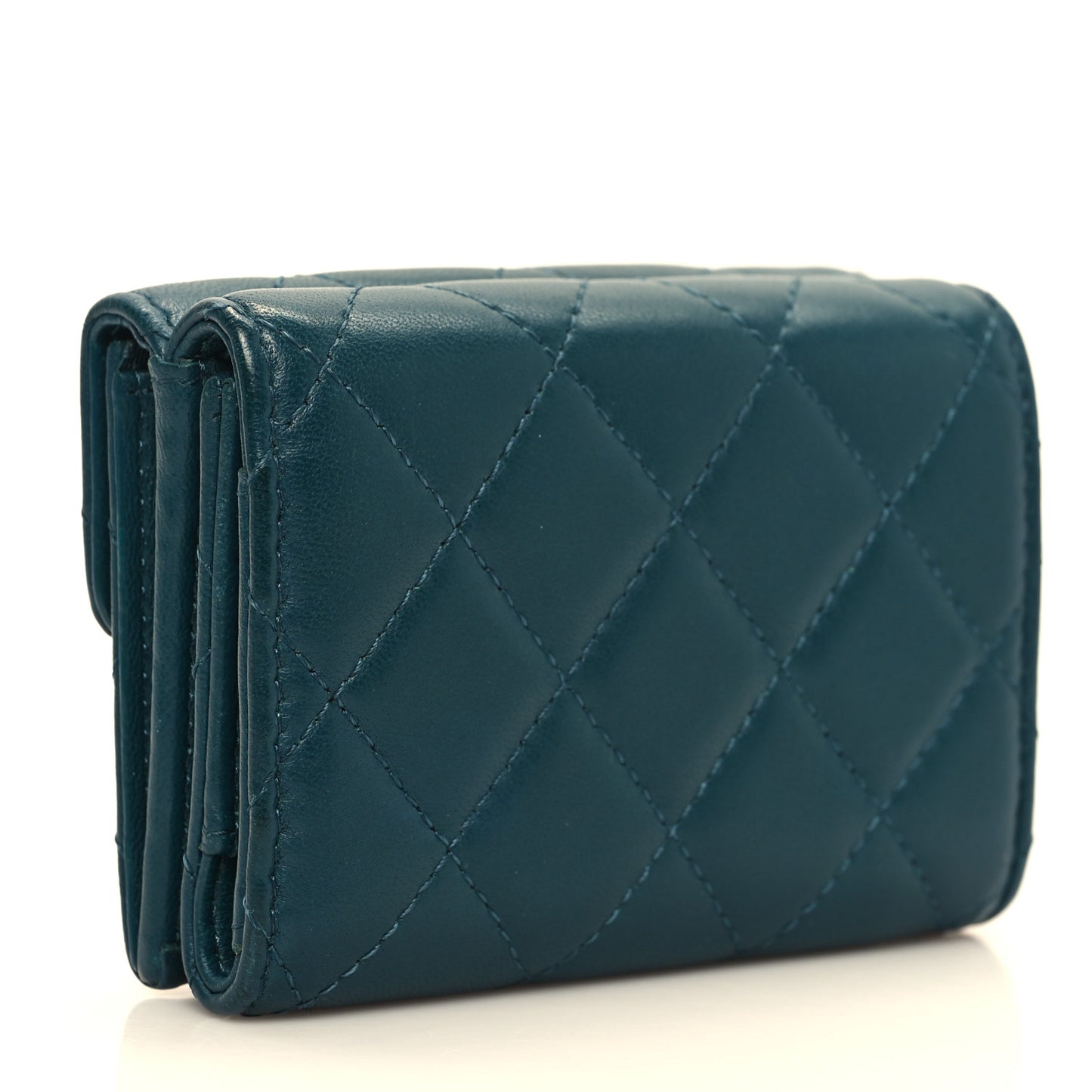 Lambskin Quilted Tri-Fold Flap Wallet Dark Green