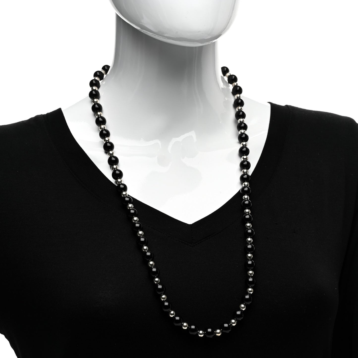 Sterling Silver Black Onyx Bead Necklace