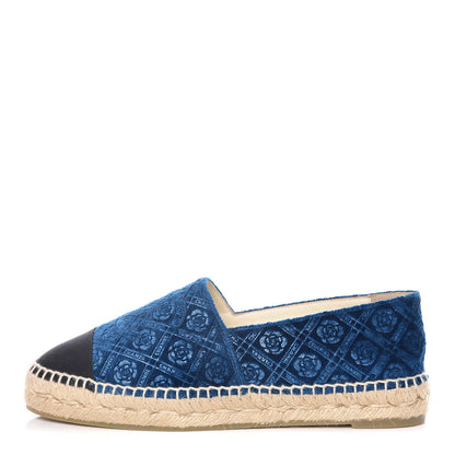 Chanel Velvet Grosgrain Quilted Camellia CC Espadrilles 38 Navy Black 1 of 12
