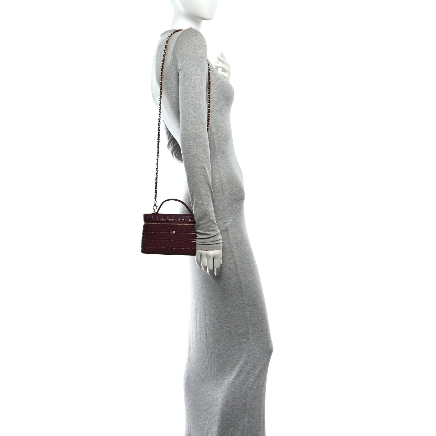 Calfskin Crocodile Embossed Crococo Top Handle Slim Vanity Case With Chain Dark Burgundy