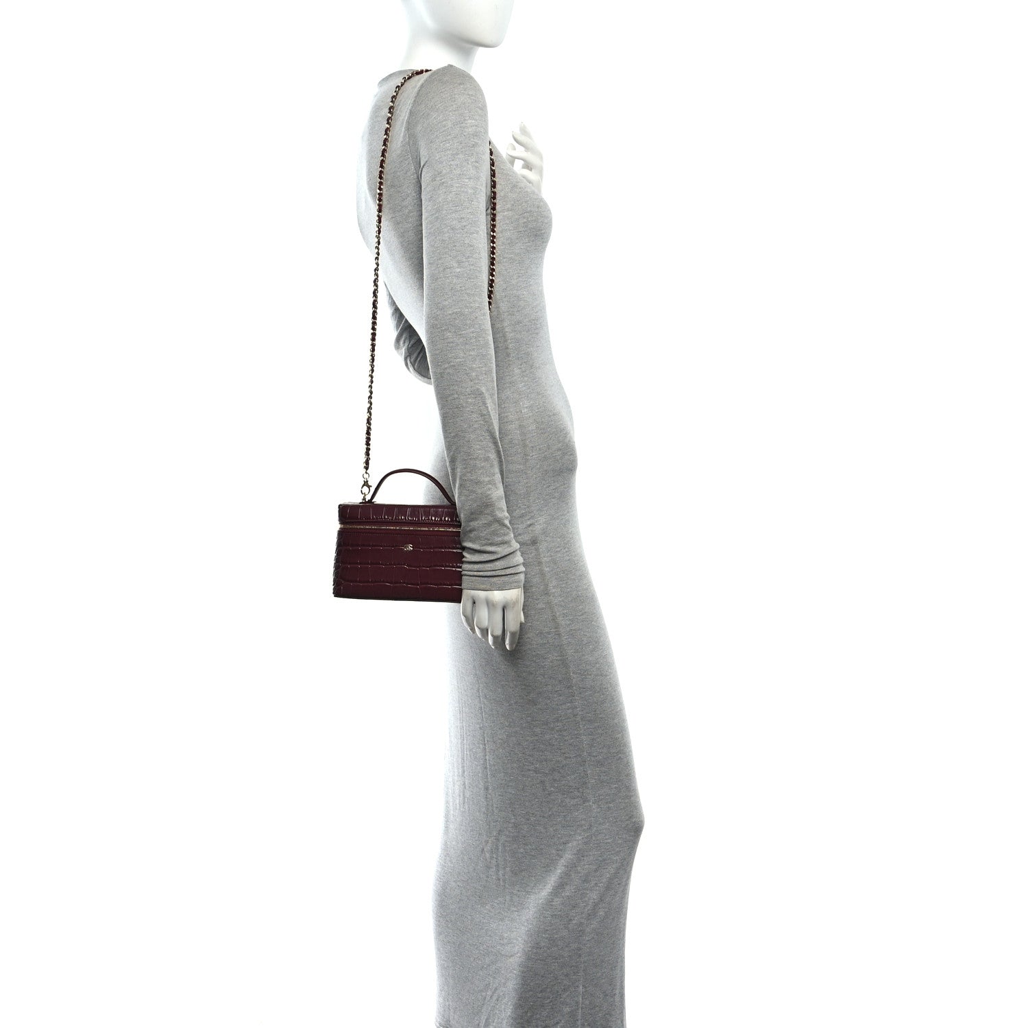 Chanel Calfskin Crocodile Embossed Crococo Top Handle Slim Vanity Case With Chain Dark Burgundy 2 of 11