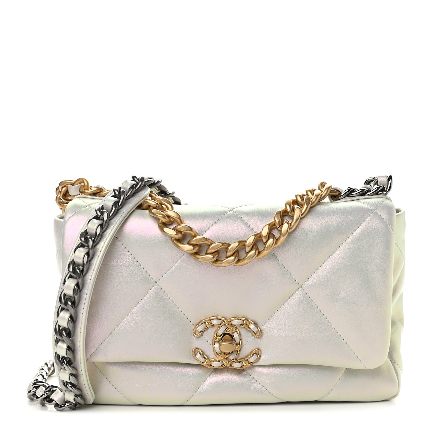 Iridescent Calfskin Quilted Medium Chanel 19 Flap White