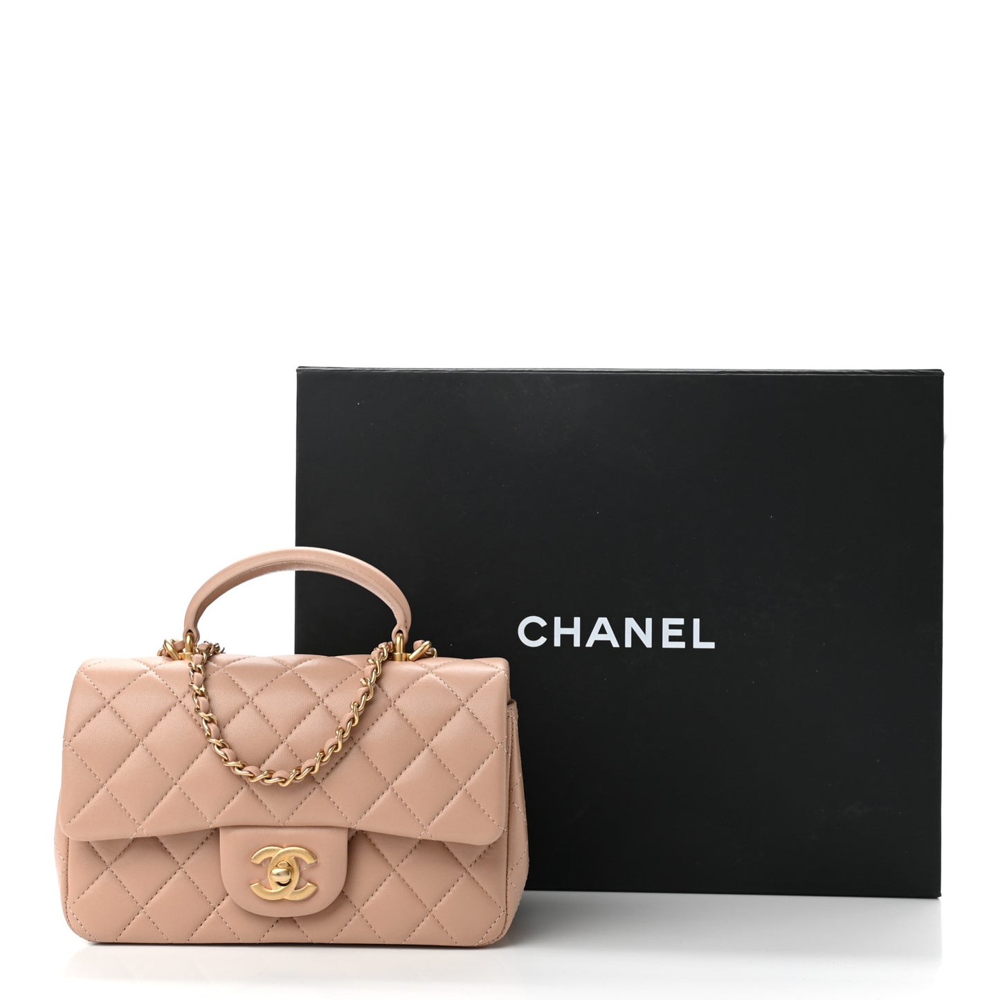 Lambskin Quilted Mini Top Handle Rectangular Flap Beige