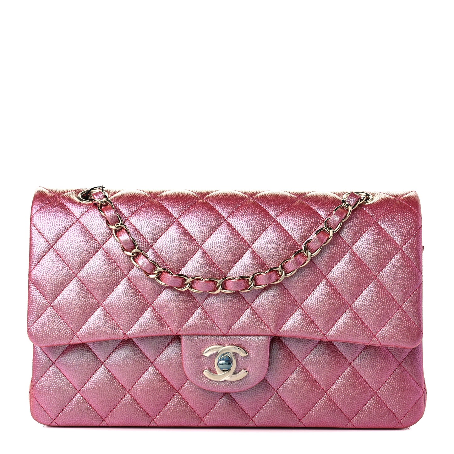 Iridescent Caviar Quilted Medium Double Flap Pink