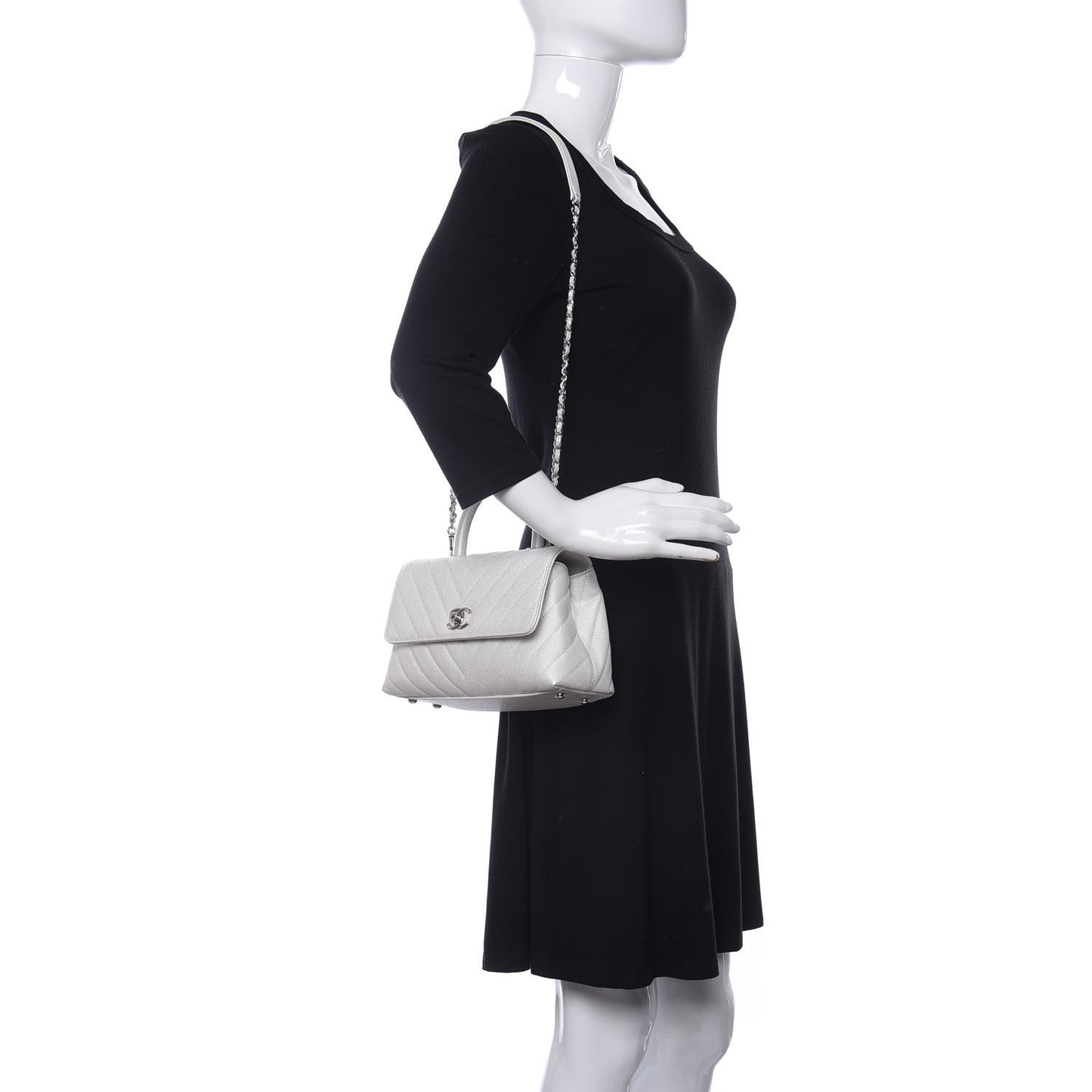 Iridescent Caviar Chevron Quilted Mini Coco Handle Flap White