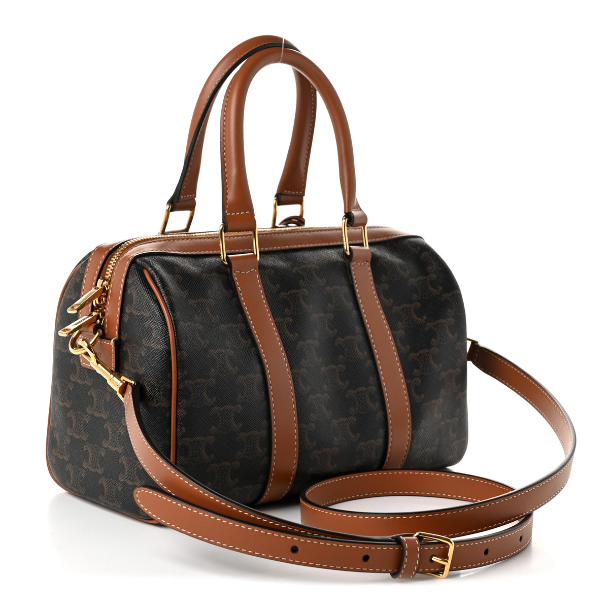 Celine Triomphe Canvas Calfskin Medium Boston Bag Tan 3 of 11