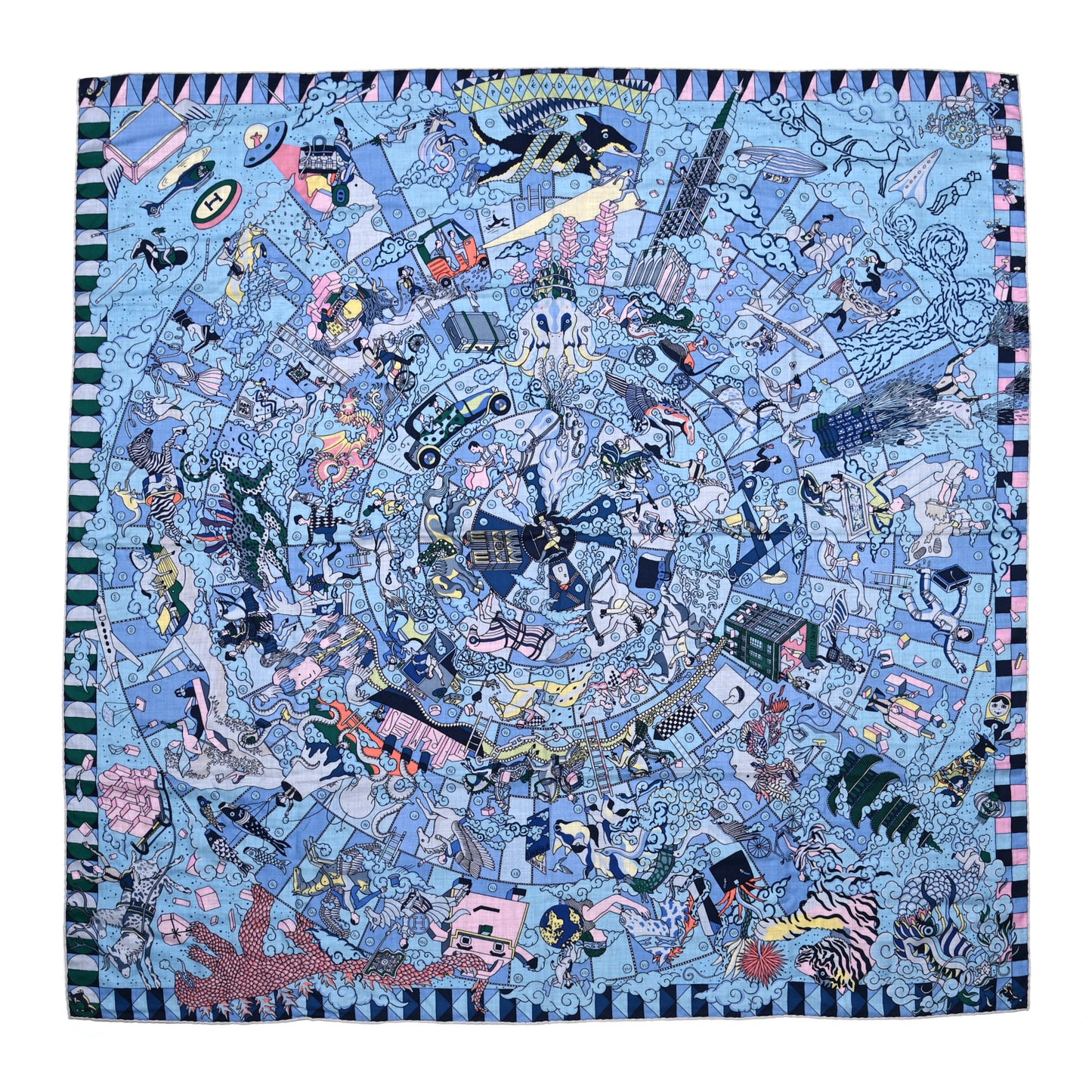 Cashmere Silk L'Epopee D'Hermes Shawl 140 Bleu Ciel Rose Pale Jaune