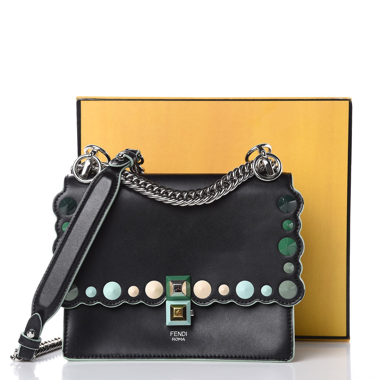 Fendi Vitello Liberty Scalloped Studded Small Kan I Shoulder Bag Black Multicolor 14 of 14