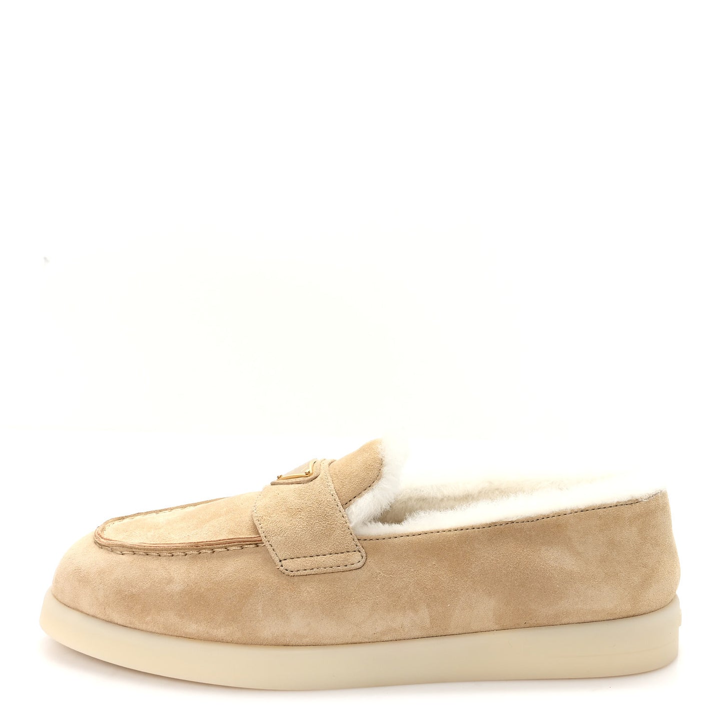 Suede Shearling Triangle Logo Loafer 39 Ecru