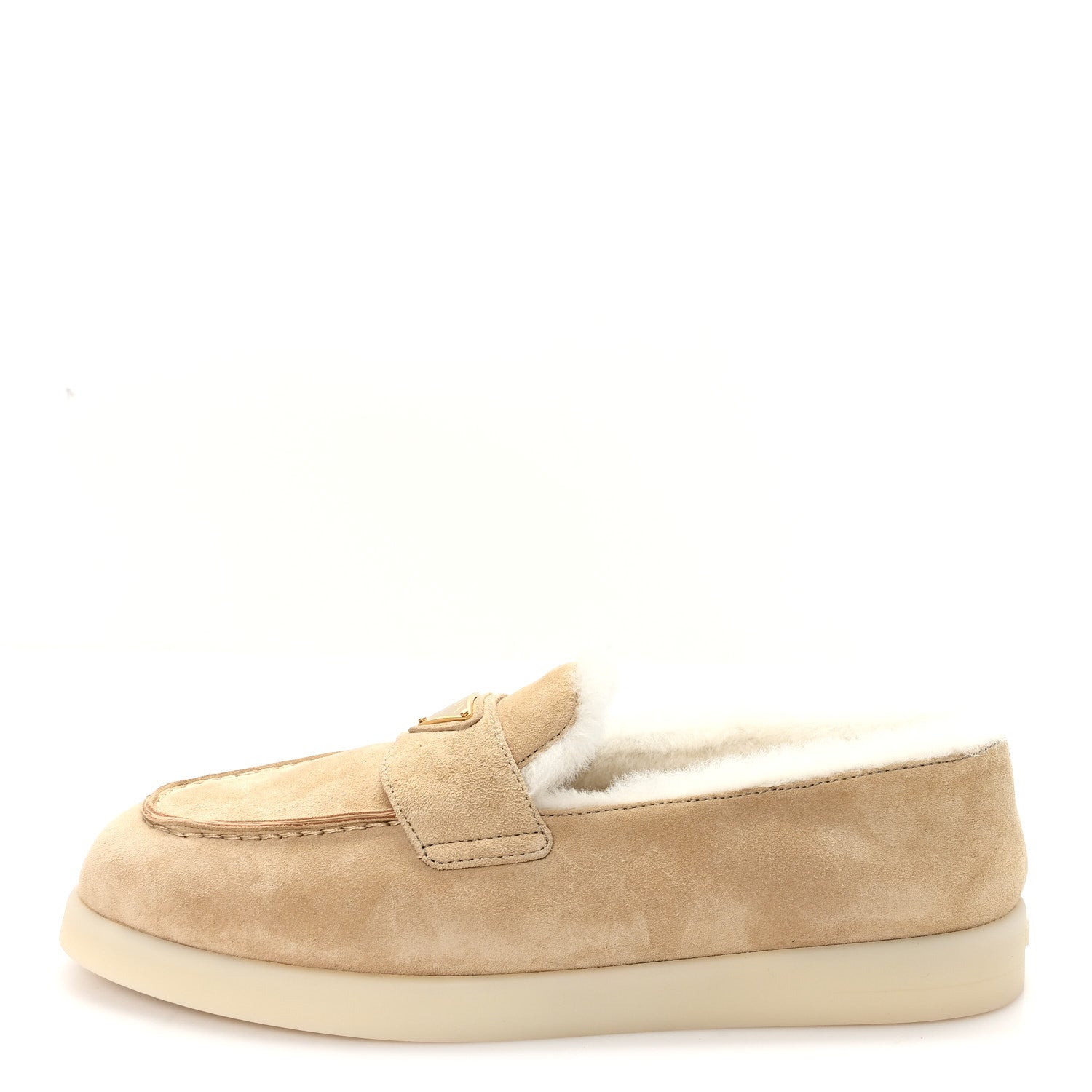 Prada Suede Shearling Triangle Logo Loafer 39 Ecru 1 of 9