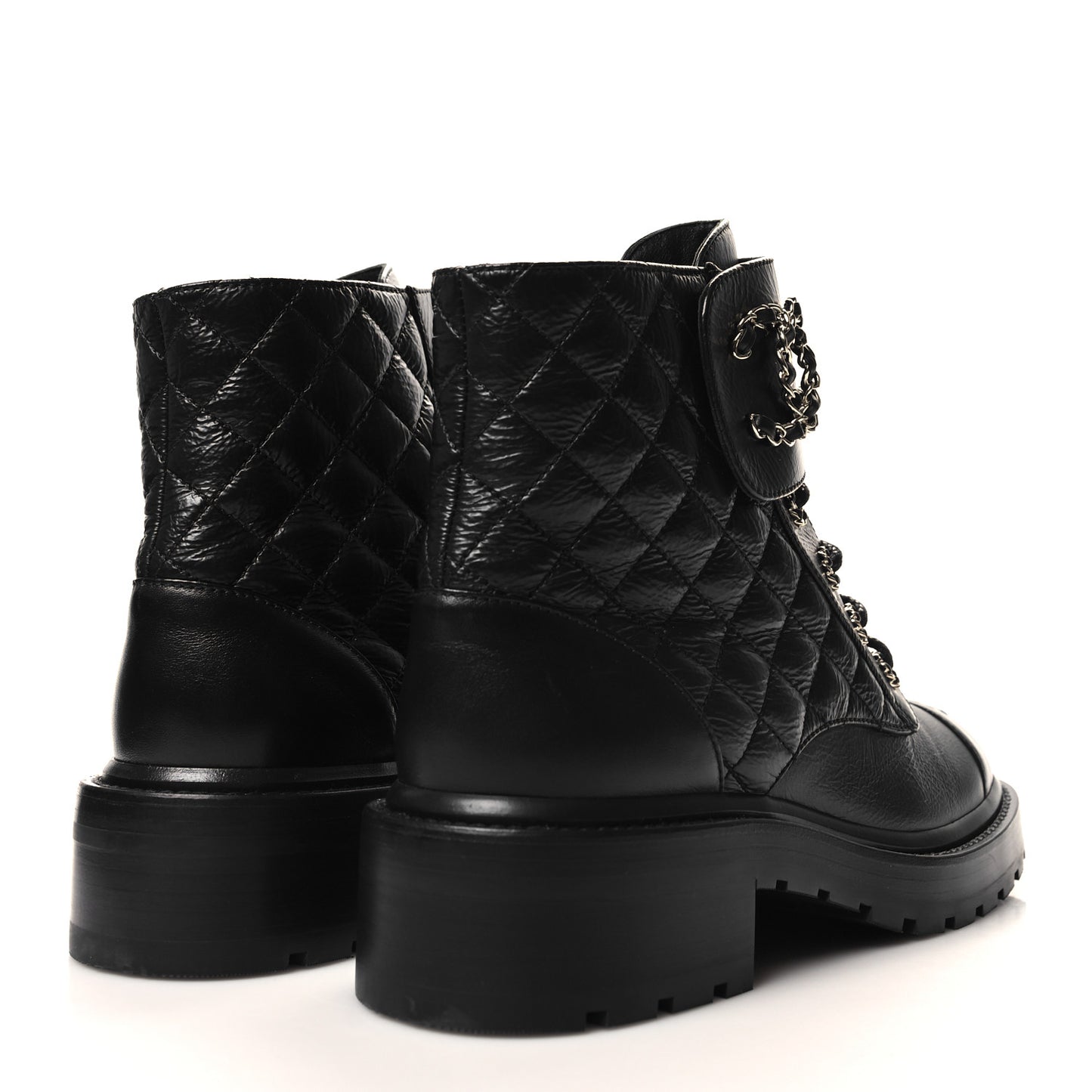 Shiny Goatskin Calfskin Quilted Lace Up Combat Boots 38 Black