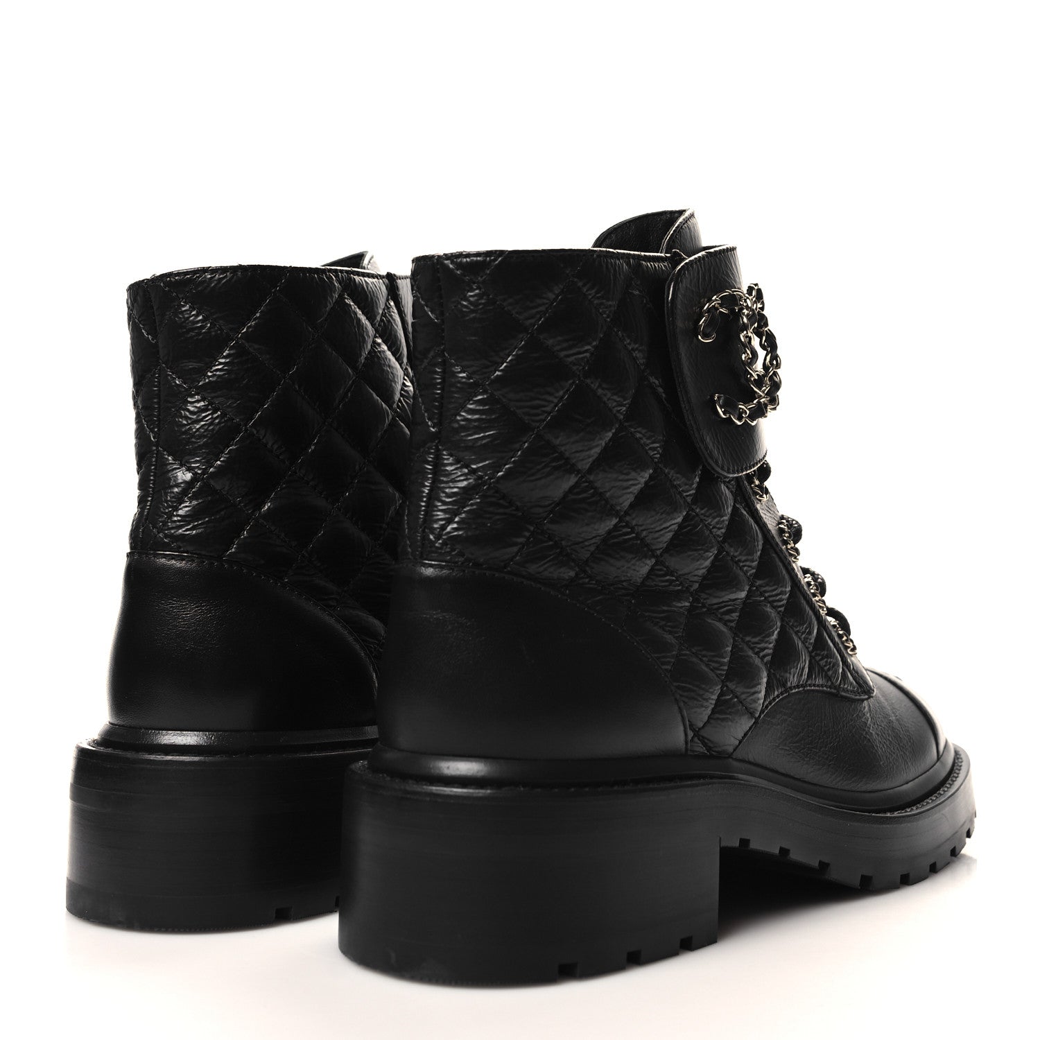Chanel Shiny Goatskin Calfskin Quilted Lace Up Combat Boots 38 Black 4 of 9
