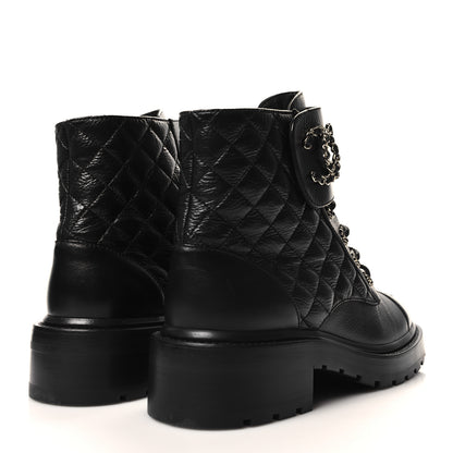 Chanel Shiny Goatskin Calfskin Quilted Lace Up Combat Boots 38 Black 4 of 9