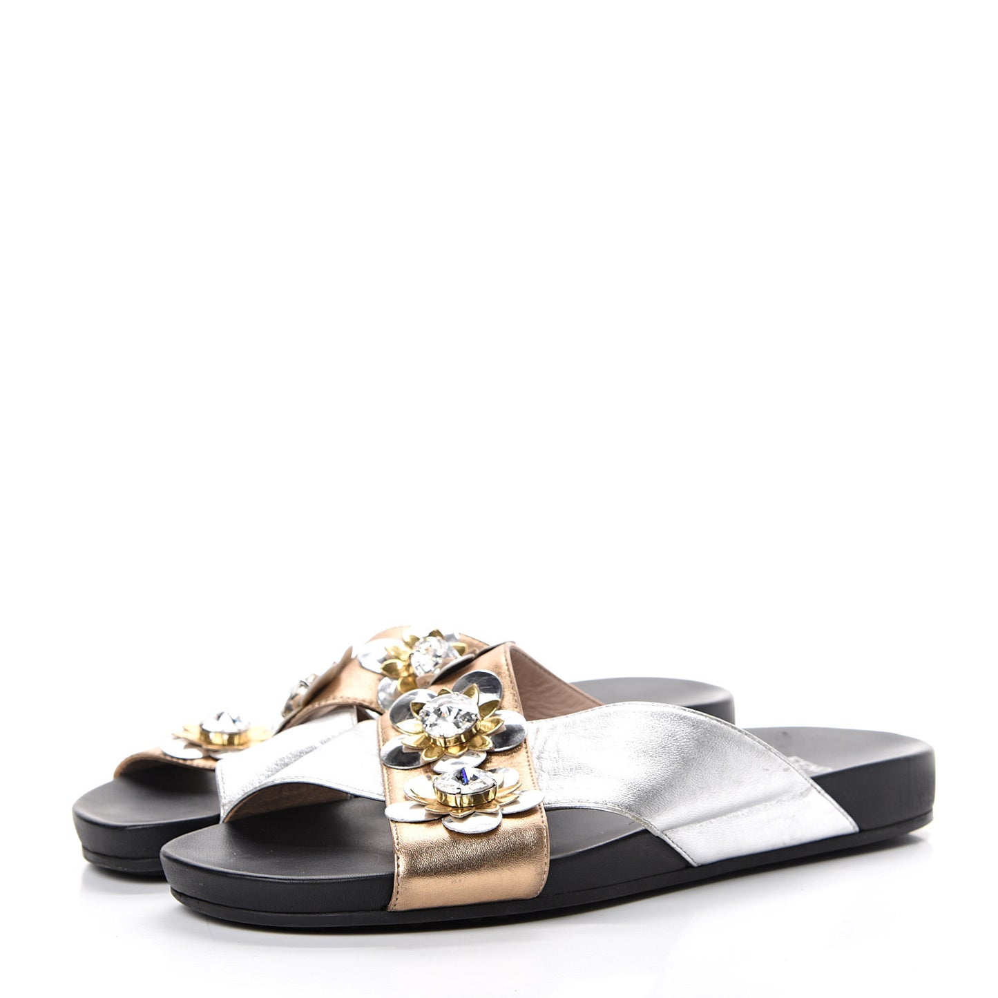 Metallic Nappa Crystal Flowerland Crisscross Slide Sandals 39 Argento Bronze Gold