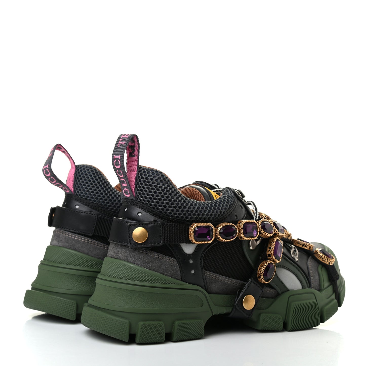 X SEGA Mesh Suede Calfskin Removable Crystals Flashtrek Sneakers 37.5 Loess Black Olive Green