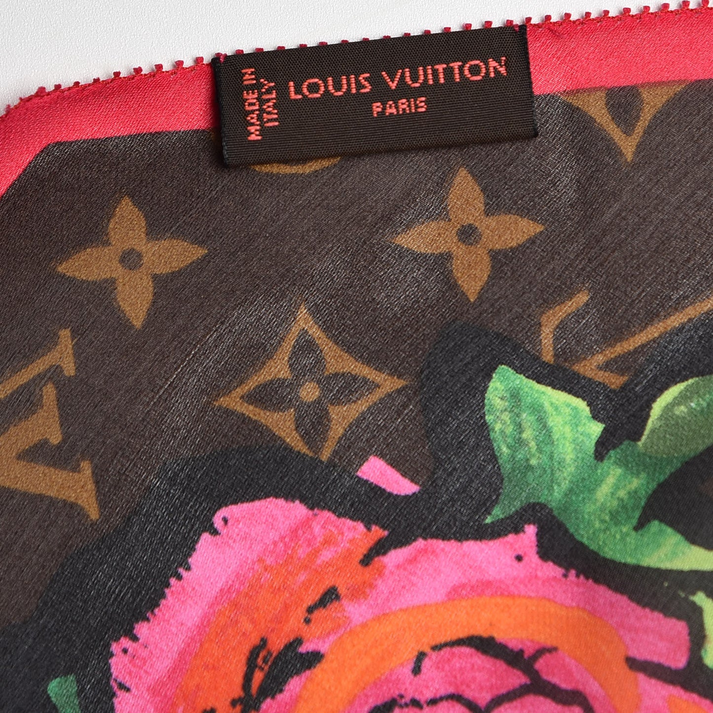 Silk Monogram Roses Scarf Marron