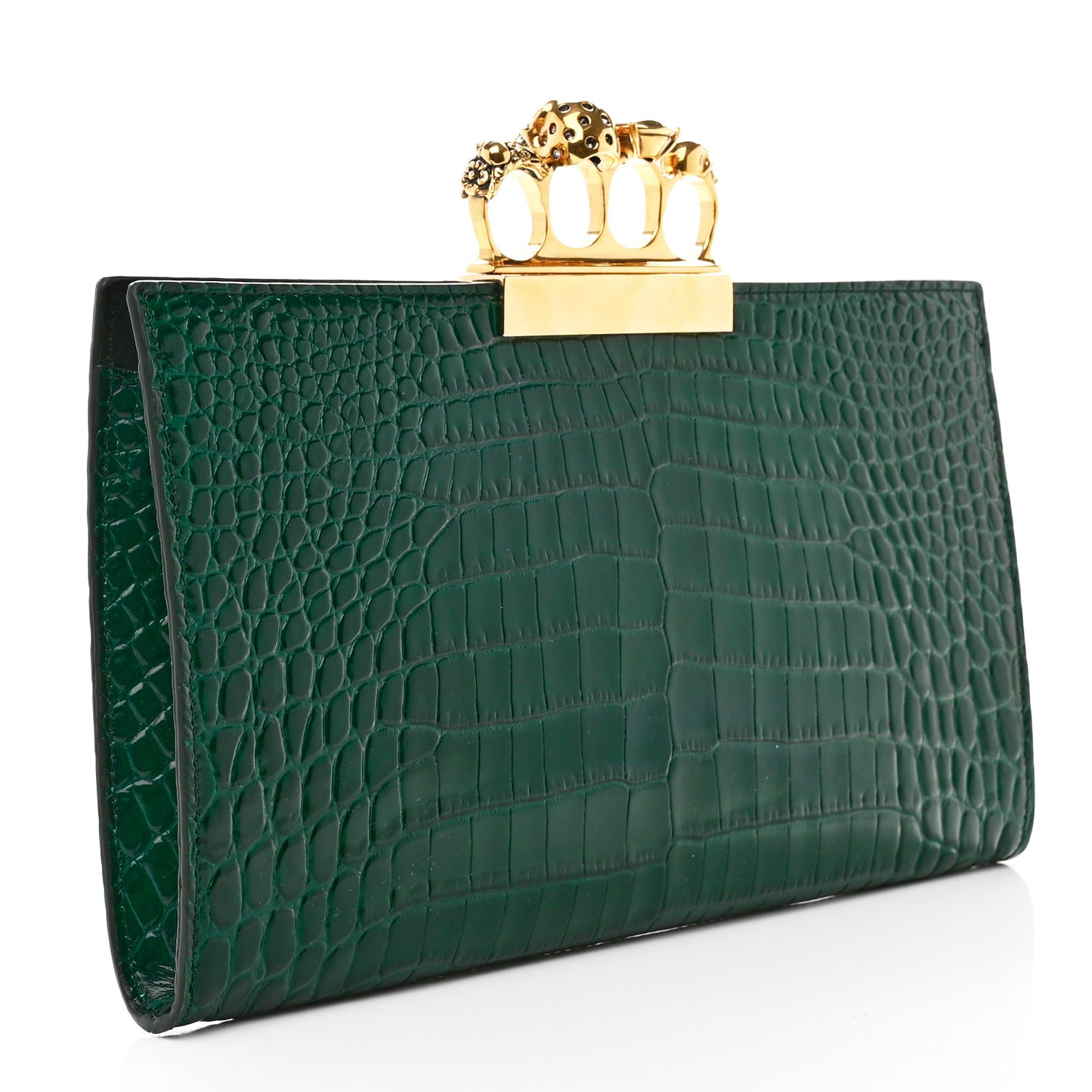 Calfskin Crocodile Embossed Knuckle Flat Clutch Emerald