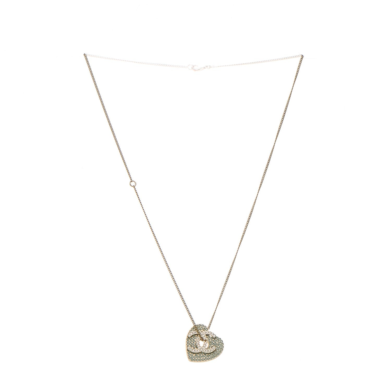 Chanel Crystal Heart CC Charm Necklace Gold 3 of 5