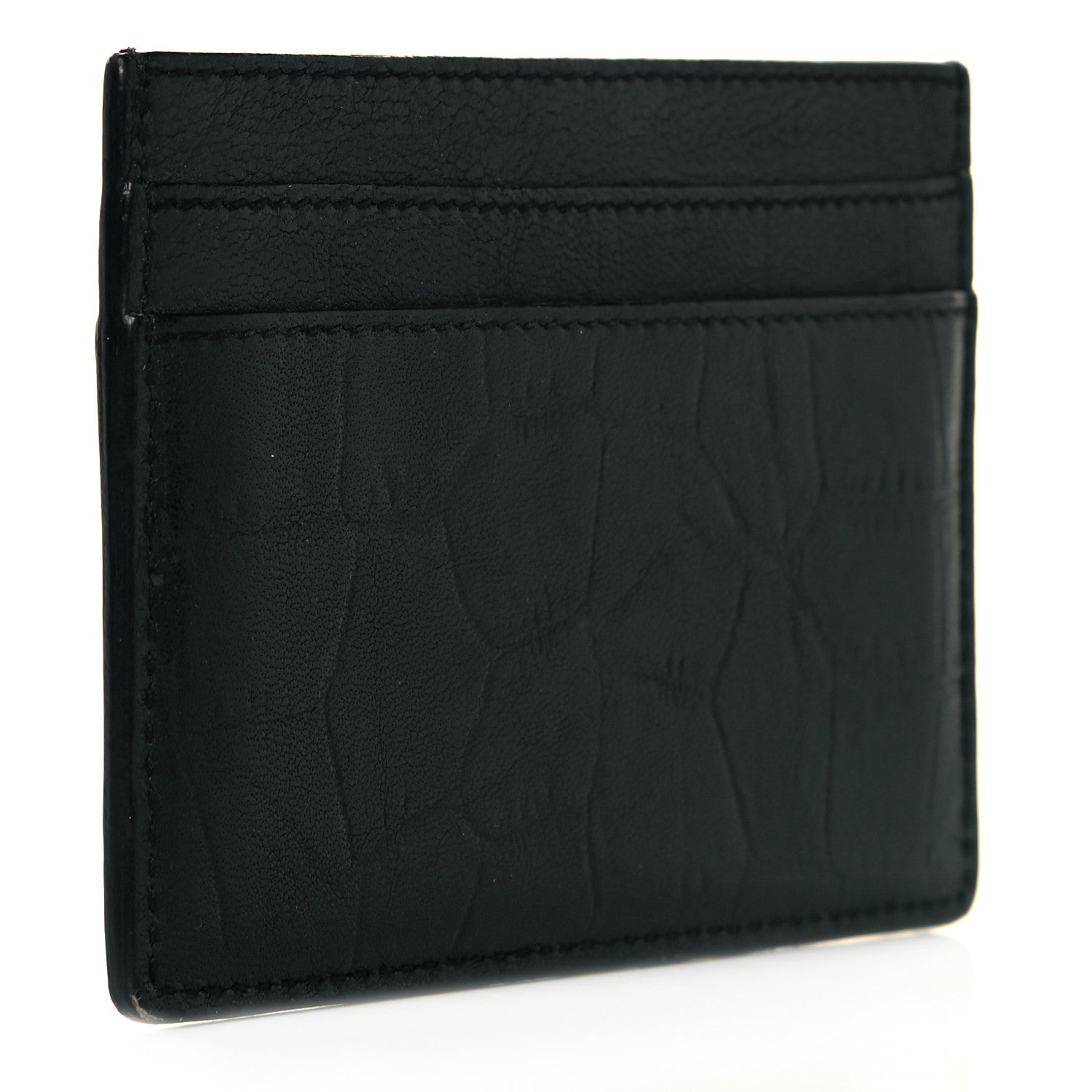 Saint Laurent Calfskin Crocodile Embossed Monogram Credit Card Case Black 3 of 9