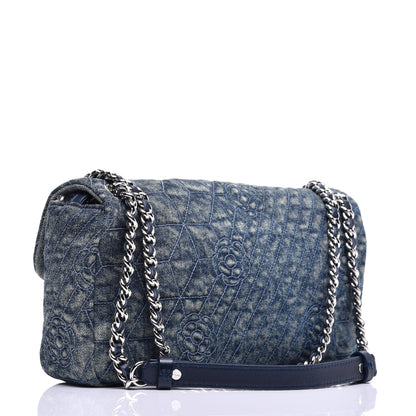 Chanel Denim Quilted Camellia Embroidered Medium Flap Blue 3 of 8