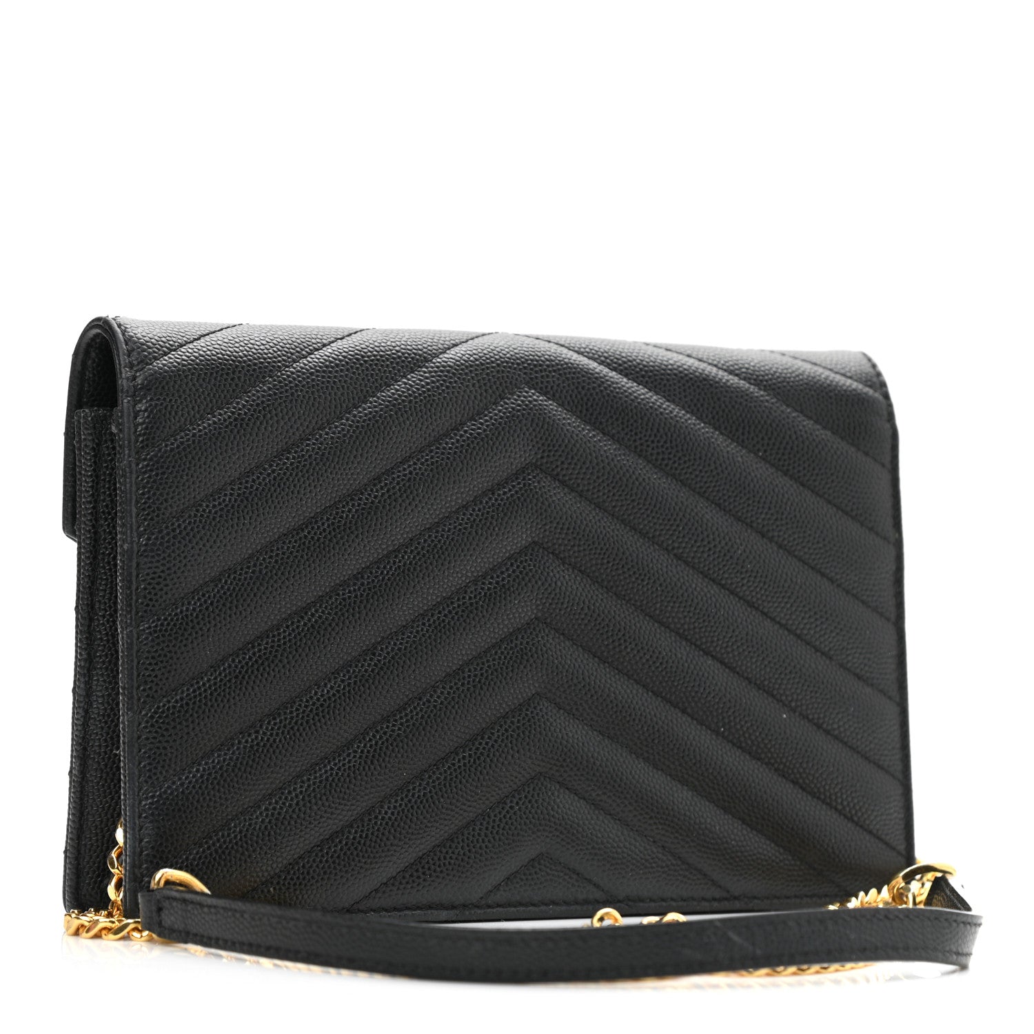 Saint Laurent Grain De Poudre Matelasse Chevron Monogram Chain Wallet Black 2 of 9