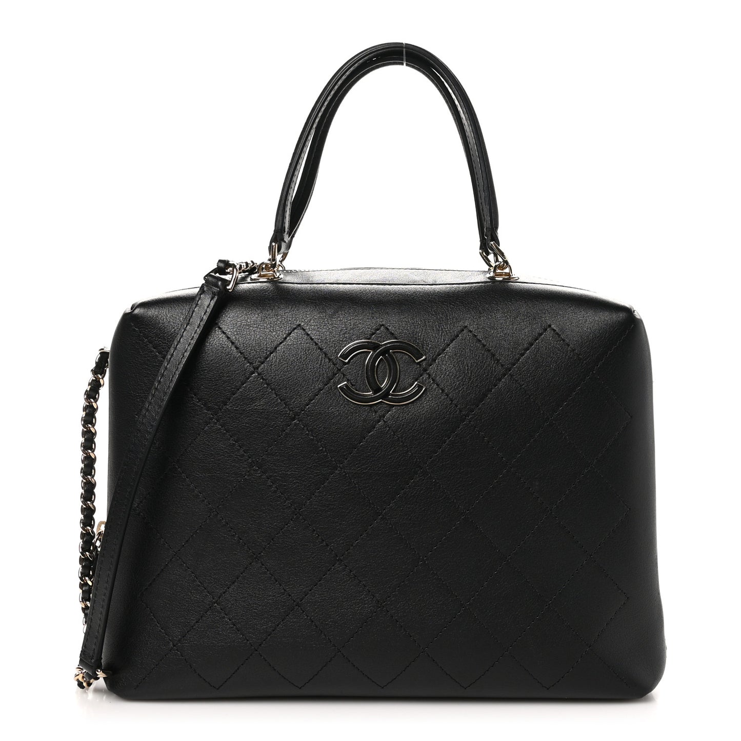 Calfskin Stitched Sleek Box Top Handle Vanity Bag Black