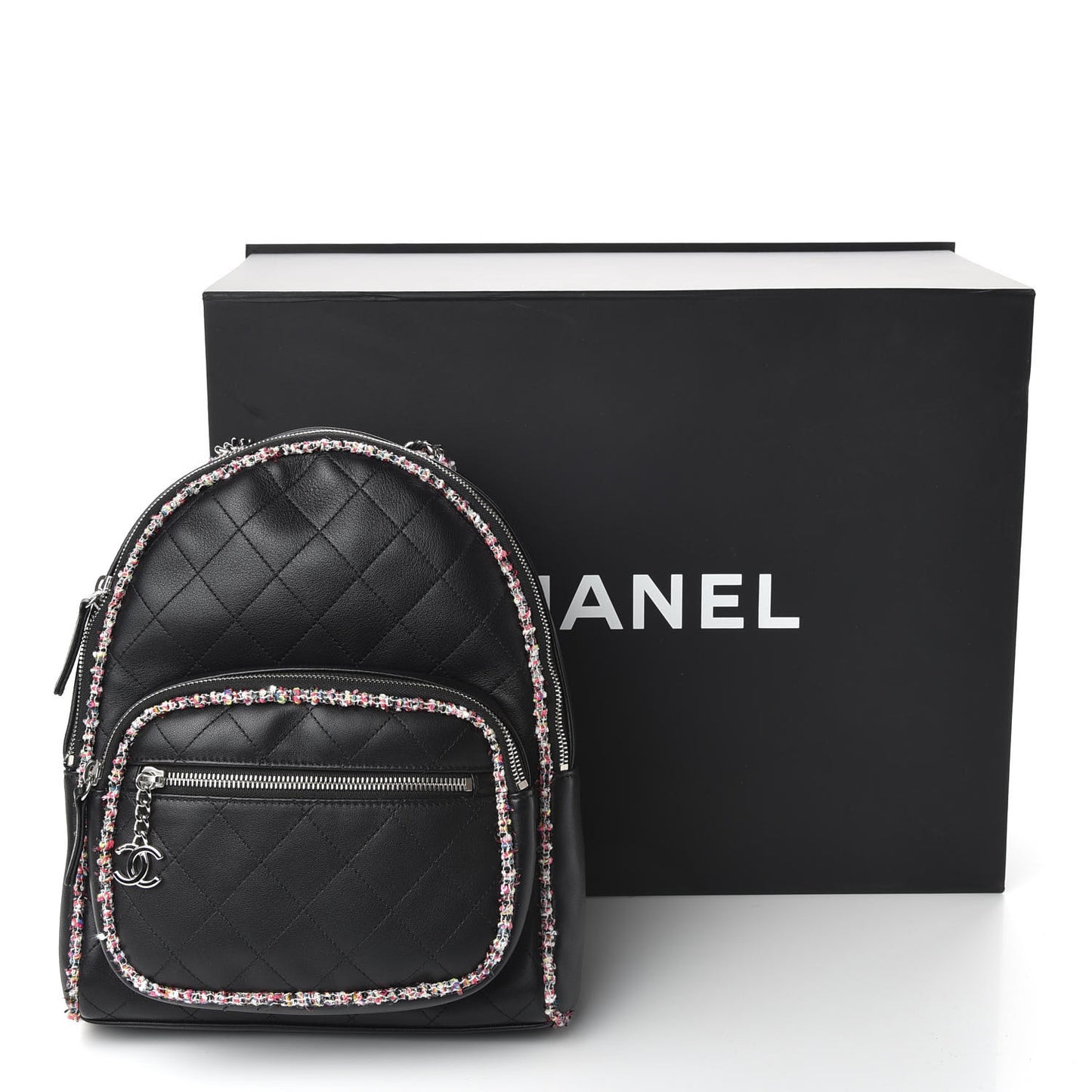 Lambskin Tweed Quilted Elegant Trim Backpack Black