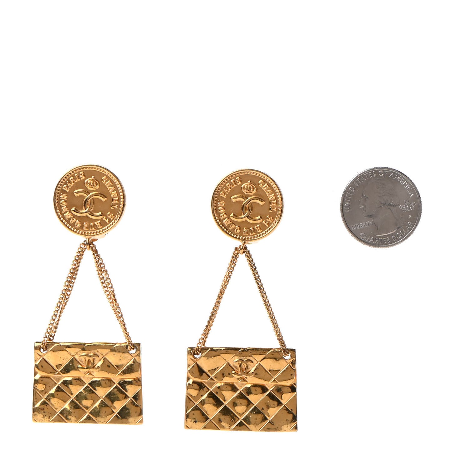 CC Quilted Flap Bag Drop Clip On Earrings Gold