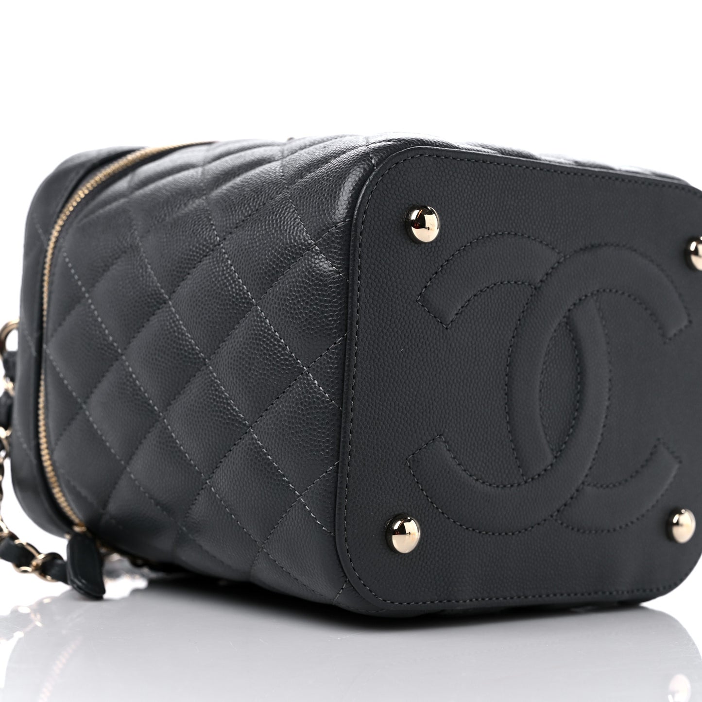 Caviar Quilted Small Top Handle Vanity Case With Chain Dark Grey