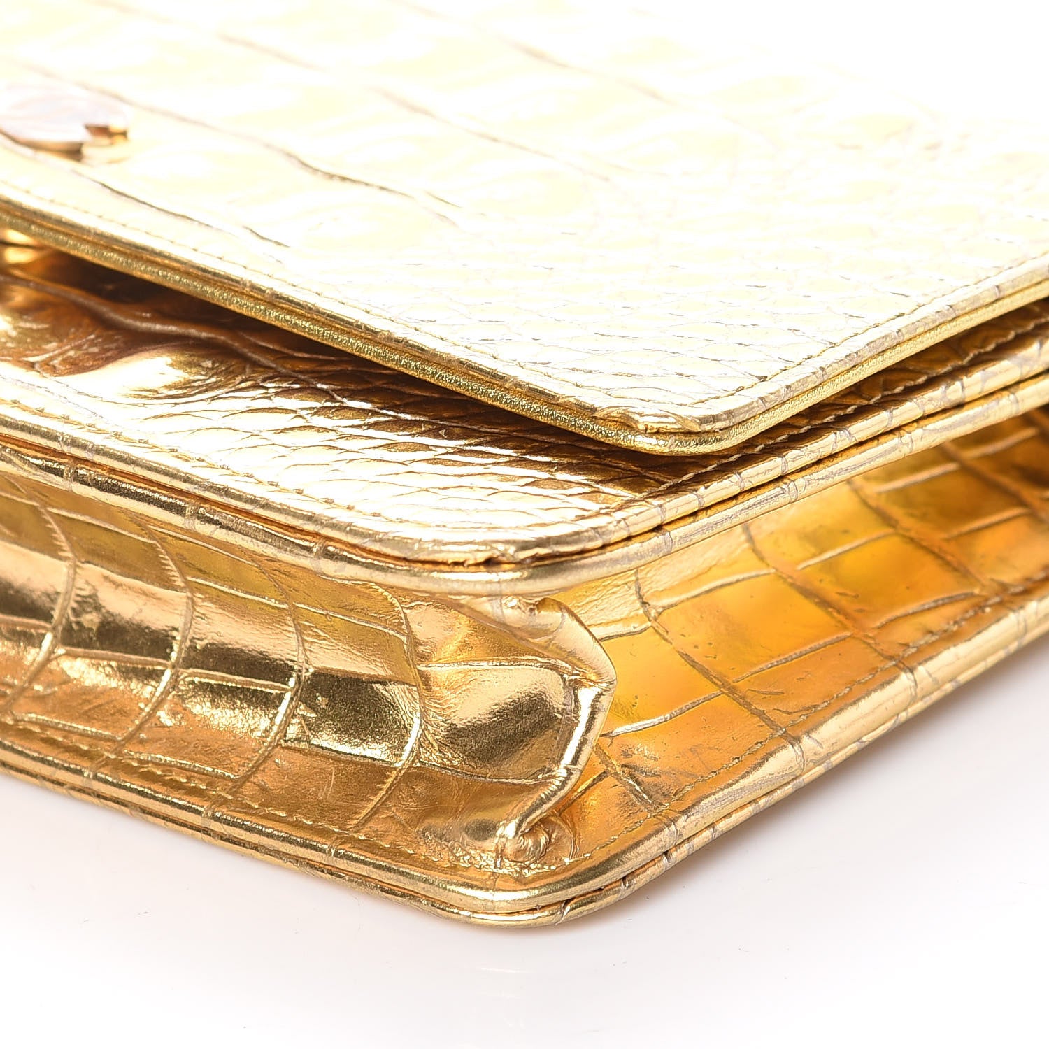 Chanel Metallic Calfskin Crocodile Embossed Cocodile Wallet On Chain WOC Gold 10 of 13