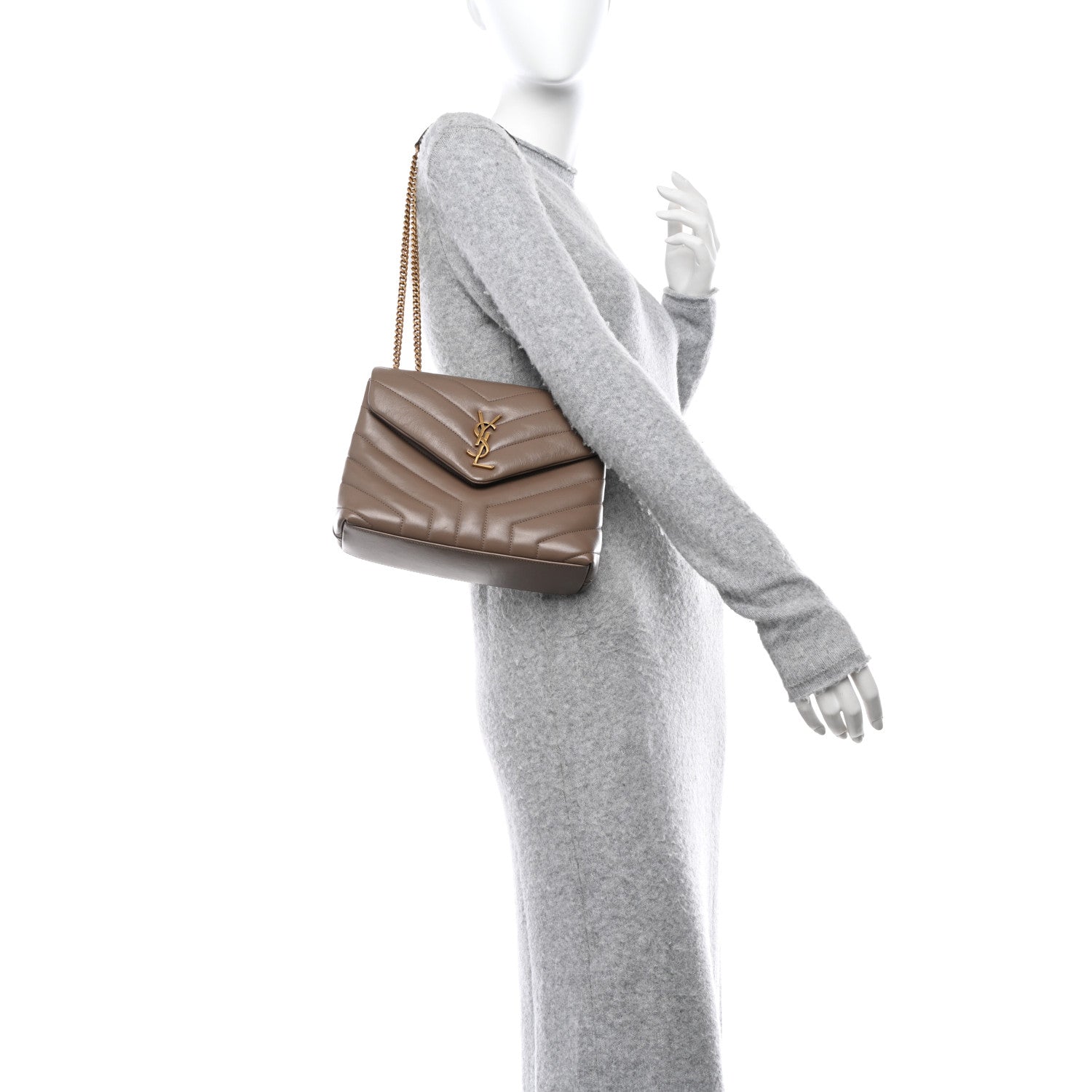 Saint Laurent Calfskin Y Quilted Monogram Small Loulou Chain Satchel Dark Beige 2 of 13