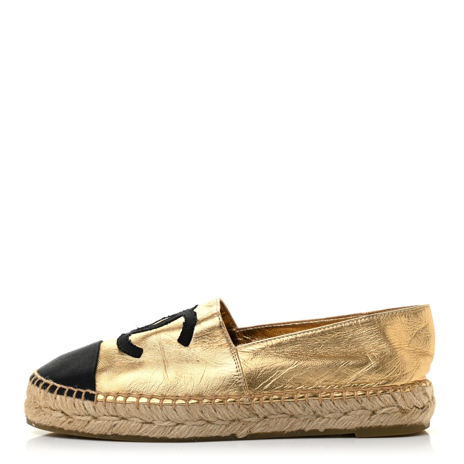 Chanel Laminated Lambskin Grosgrain CC Espadrilles 35 Gold Black 1 of 9