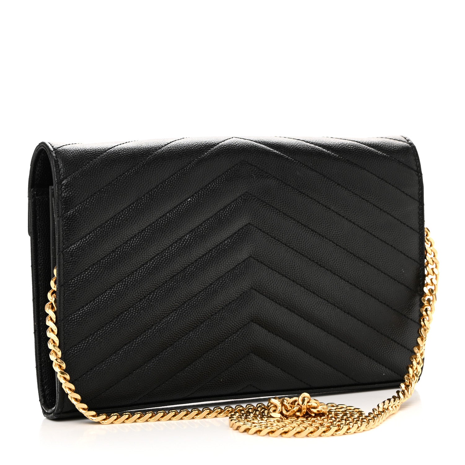 Saint Laurent Grain De Poudre Matelasse Chevron Monogram Chain Wallet Black 3 of 11