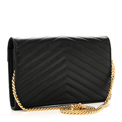 Saint Laurent Grain De Poudre Matelasse Chevron Monogram Chain Wallet Black 3 of 11