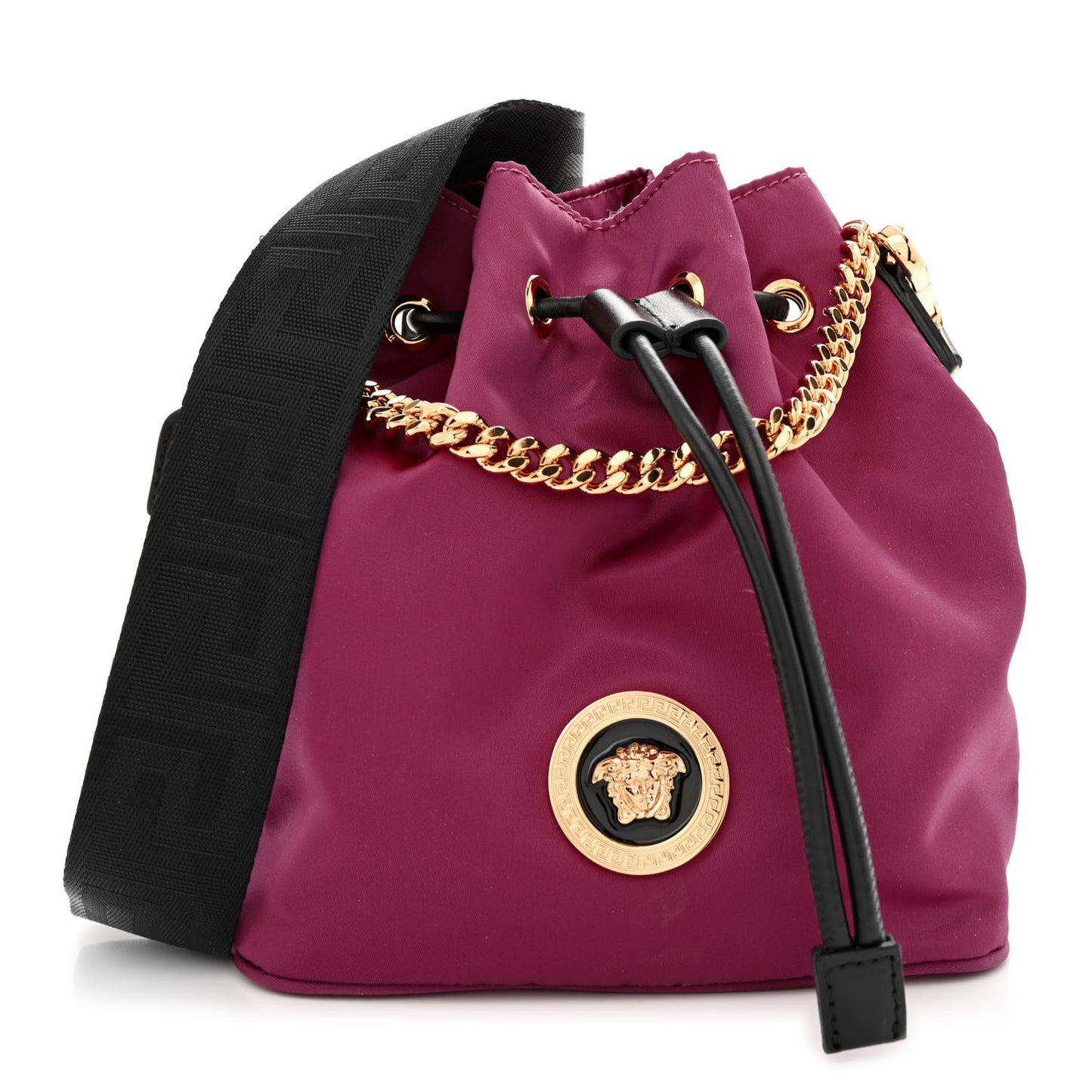 Nylon Medusa Drawstring Bucket Bag Dahlia Black