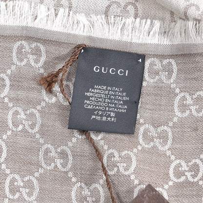 Gucci Wool Silk Monogram GGWeb Fringe Shawl Bitume Ivory 6 of 6